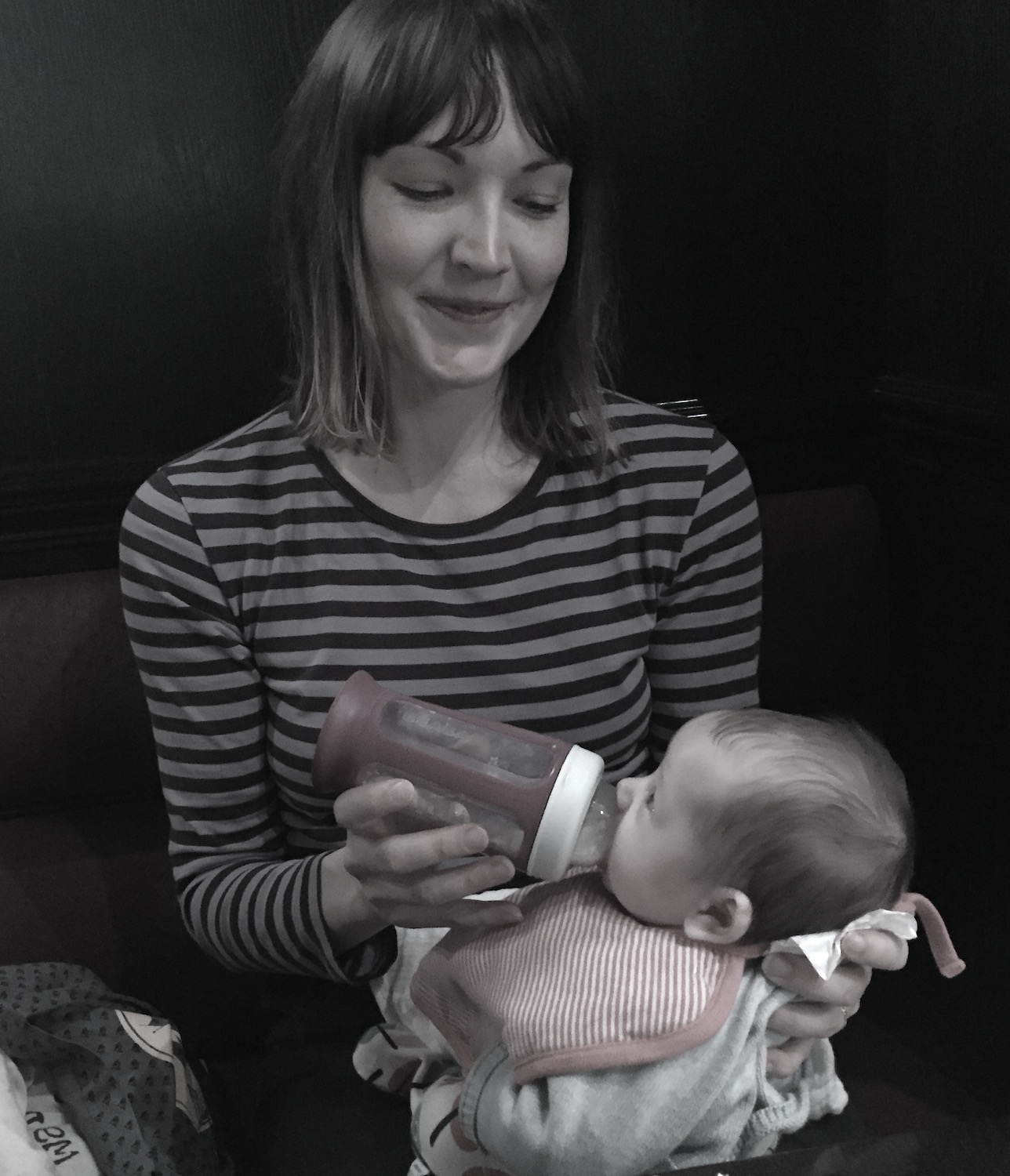 with a baby in a restaurant